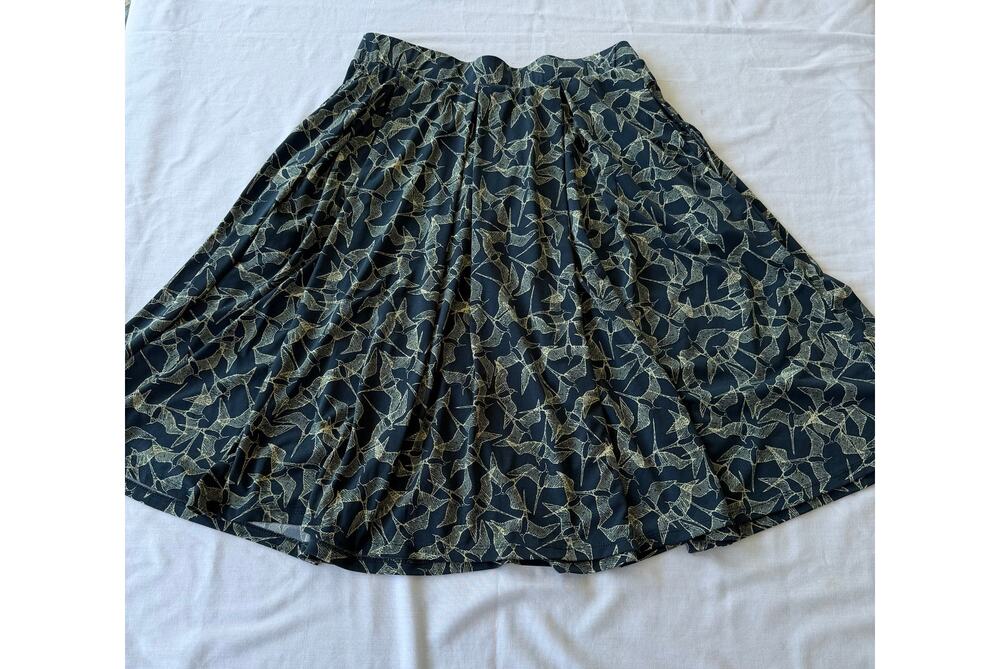LuLaRoe Azure A-Line Skirt Medium M Navy Blue Gold Hummingbird Print